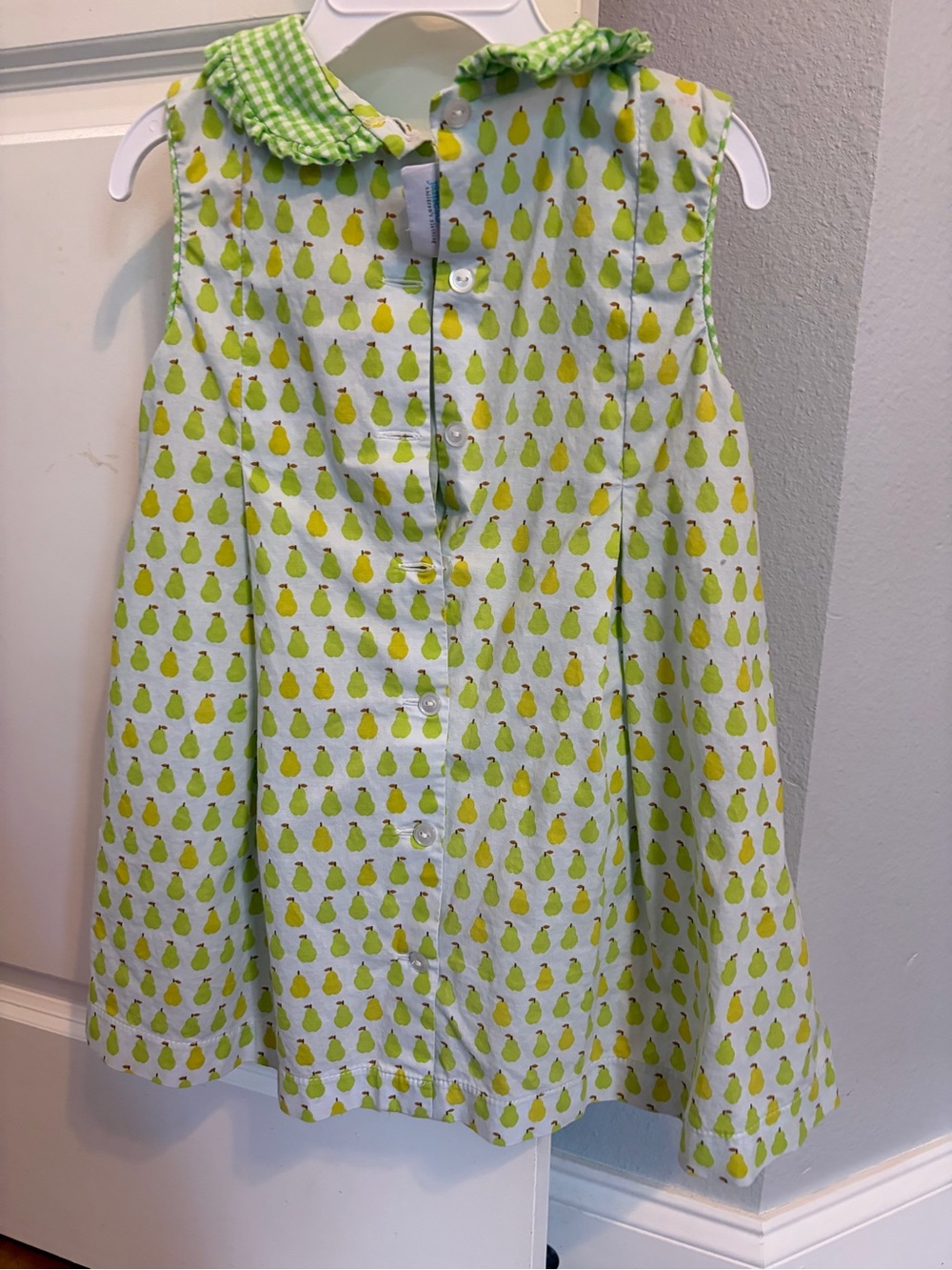 Girls Light Green Pear-Print Sleeveless Dress with Gingham Ruffle Collar - Picture 2 of 3